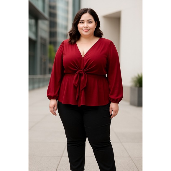 NWT Grace Karin 2XL Tie Front Top Burgundy Long Sleeve Blouse V Neck Plus Size - Picture 1 of 14